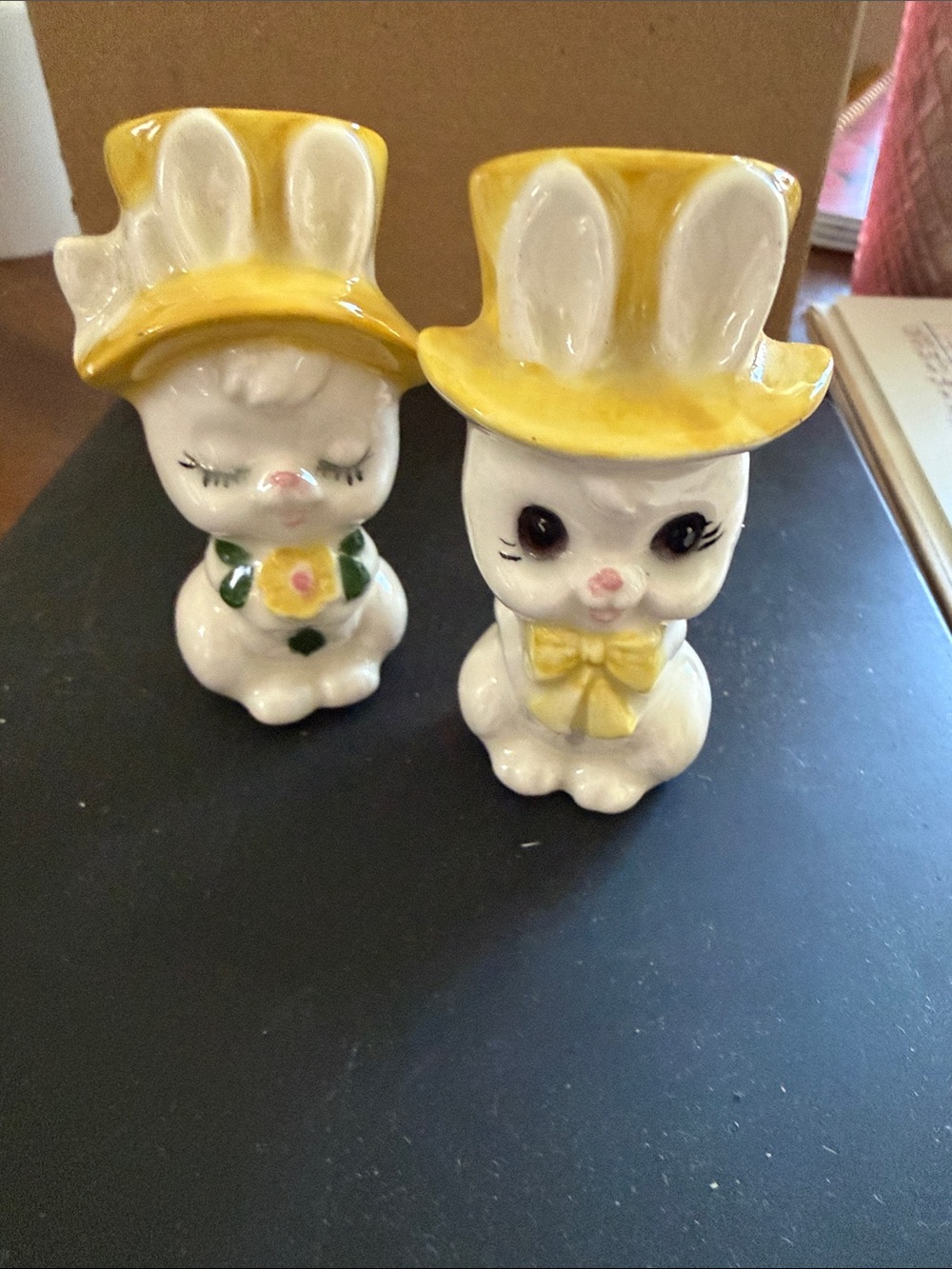 VGT. Lefton White Ceramic Bunny Pair with Blue Hats and Accents